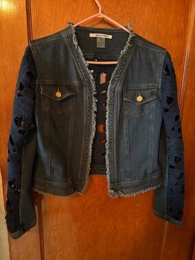 Peter Nygard Dark Denim Jacket with Navy Lace Sleeves and back insert
